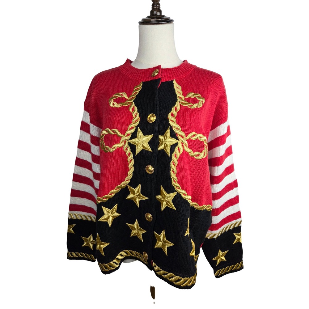Alexa Grace 90s Patriotic Cardigan 1X Red Americana Stars Stripes Embellished